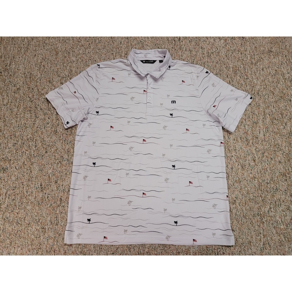 Travis Mathew Polo Shirt Mens 2XL White AOP Golf Performance Palm Tree USA Flag